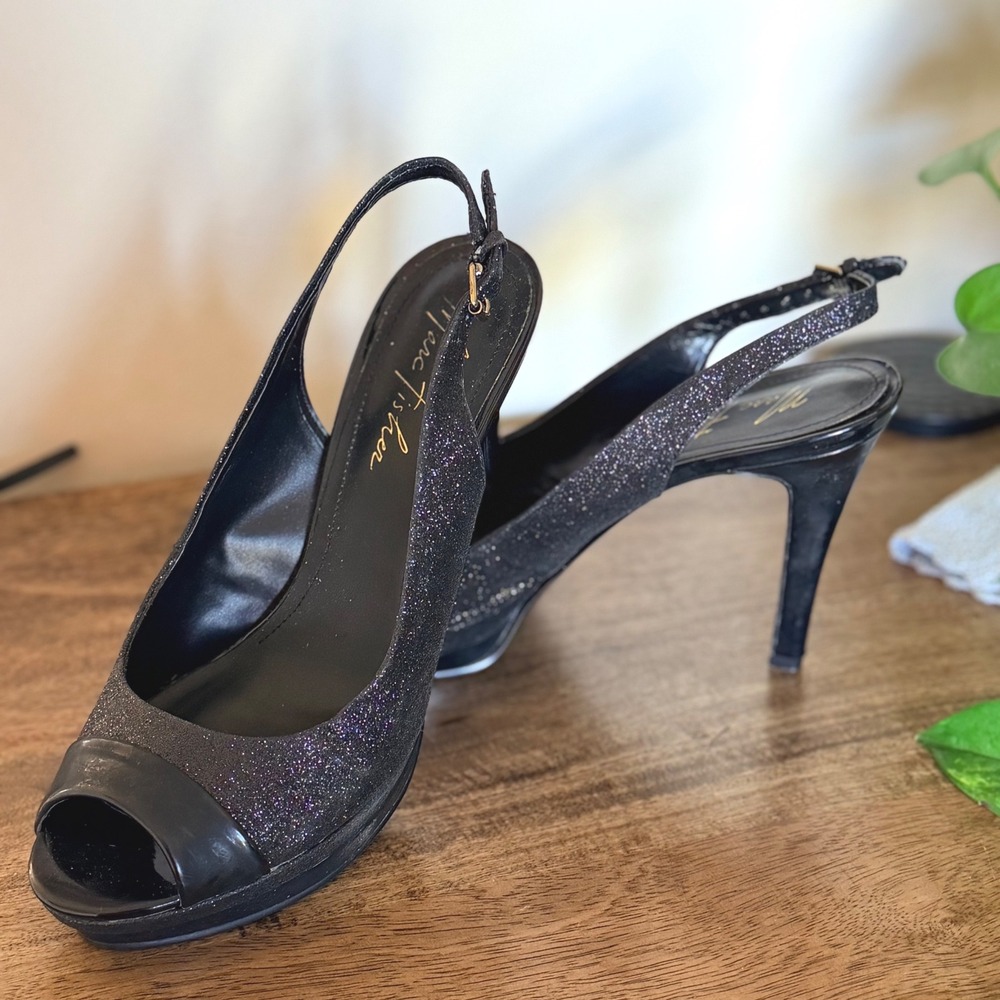 Marc Fisher Slingback Heels Women 8M Black‎ Glitter Peep Toe Platform Pump 5179